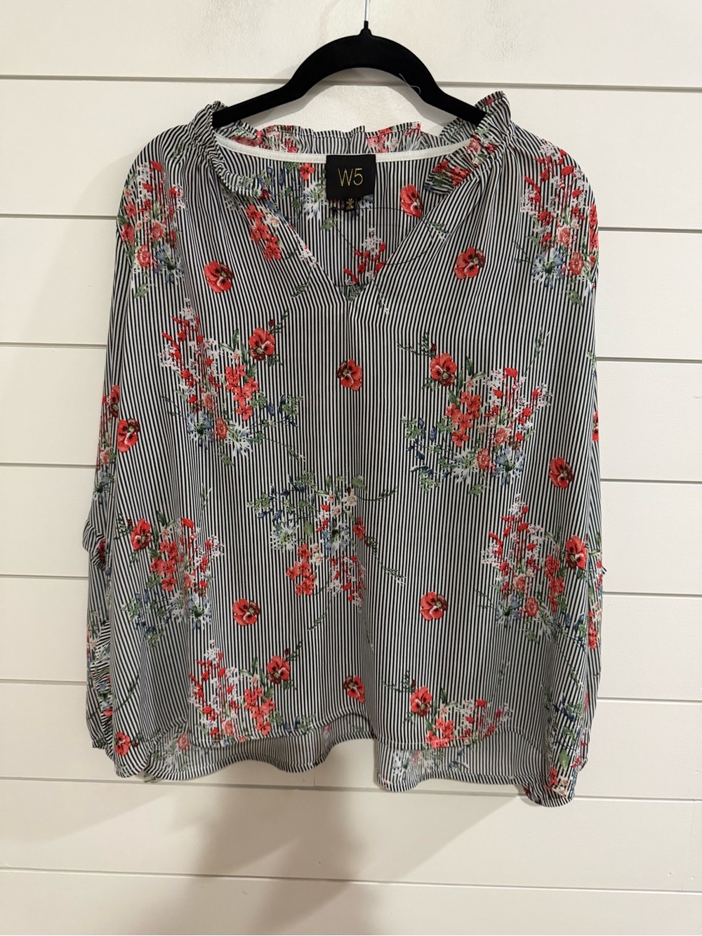 W5 Women's Black & White Striped Blouse with Red Floral Print